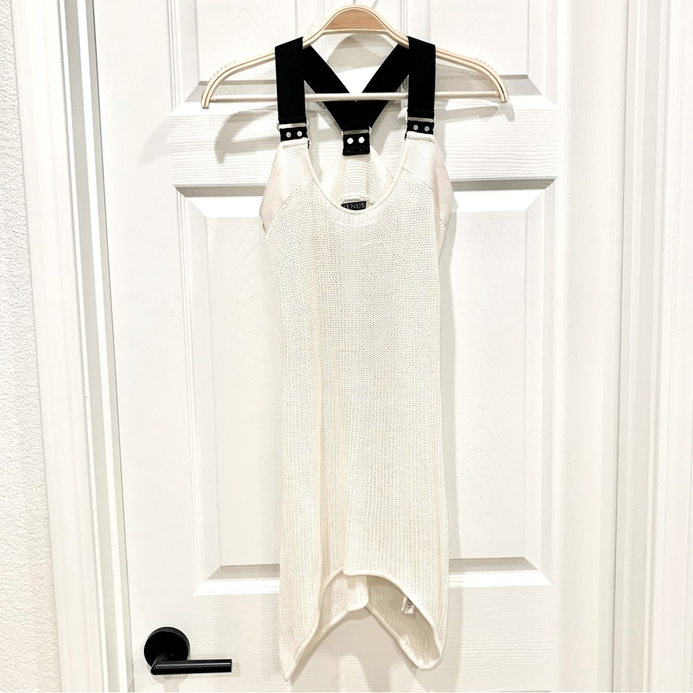 Ivory White Knit Long Wide Black Straps Tunic Tank Top